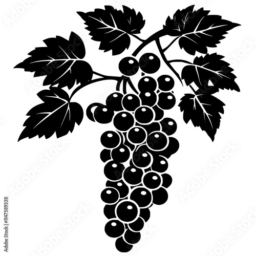 Grape Cluster Silhouette with Leaves, Black and white silhouette of a grape cluster with detailed leaves and stem, showcasing a minimalist and elegant design.

