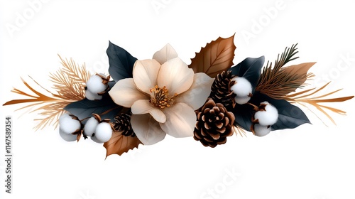 Elegant Autumnal Floral Arrangement: A Composition of Magnolia, Pine Cones, and Cotton Bolls