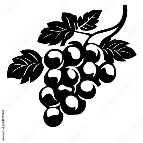 Grape Cluster Silhouette with Leaves, Black and white silhouette of a grape cluster with detailed leaves and stem, showcasing a minimalist and elegant design.

