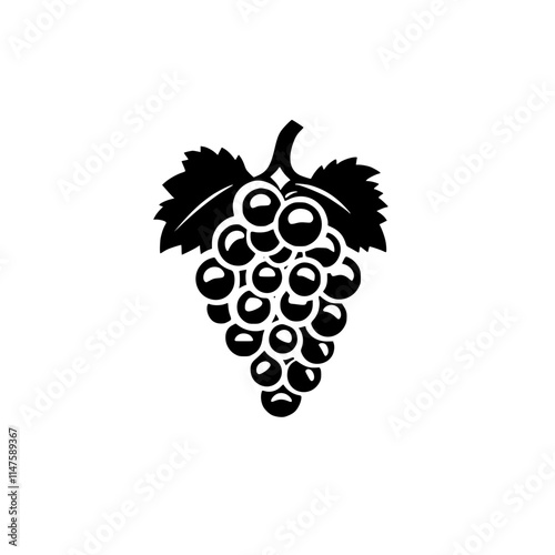 Grape Cluster Silhouette with Leaves, Black and white silhouette of a grape cluster with detailed leaves and stem, showcasing a minimalist and elegant design.

