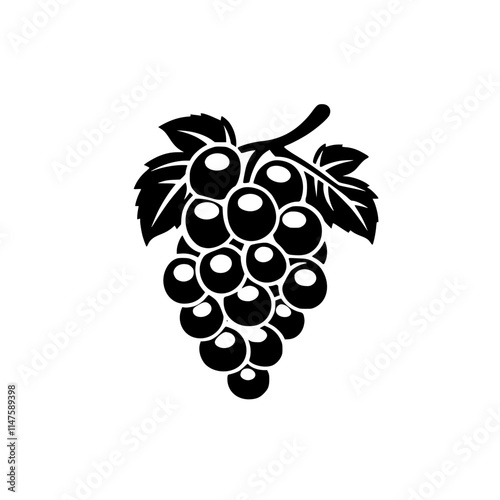 Grape Cluster Silhouette with Leaves, Black and white silhouette of a grape cluster with detailed leaves and stem, showcasing a minimalist and elegant design.

