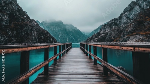 Wallpaper Mural Wooden dock extending over tranquil teal lake nestled between misty mountains. Torontodigital.ca