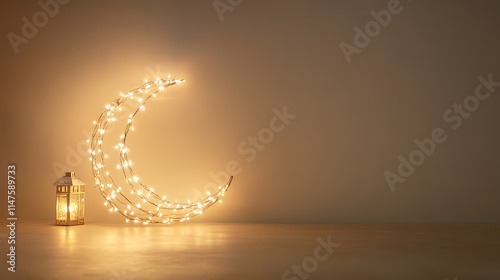 copy space with Ramadan Lantern Decorated with Illuminated Crescent Moon. A beautiful, peaceful Ramadan scene featuring a black lantern and a crescent moon shaped string of warm white lights  photo