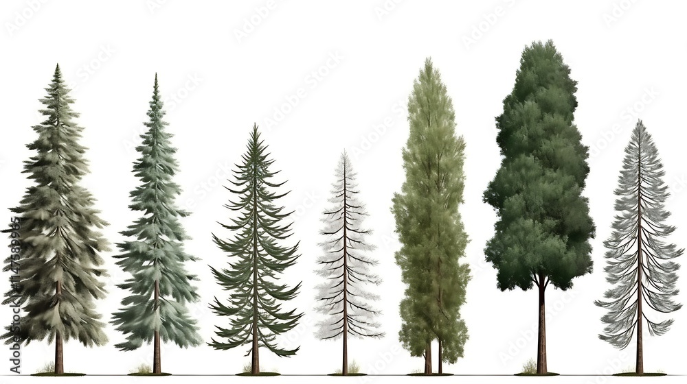 Collection of various conifer trees isolated on white background.