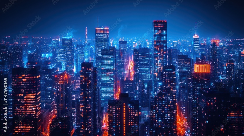 Fototapeta premium Night cityscape, vibrant lights, towering buildings.