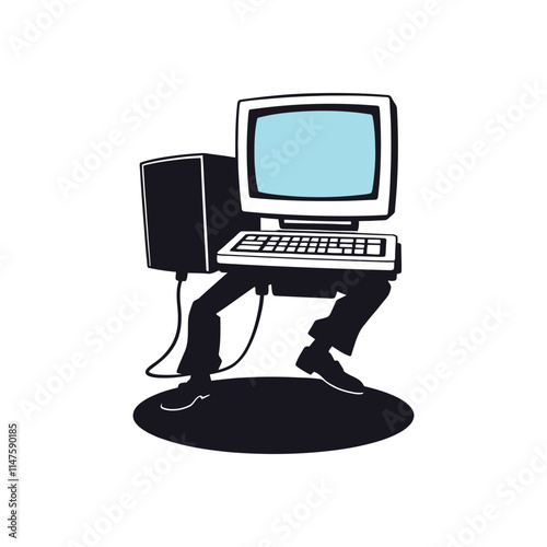 Vintage Desktop Computer with Human Legs Unique Vector Illustration Symbolizing Movement and Technology in a Creative Retro Style