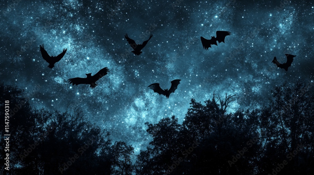 Obraz premium Bats flying under starry sky at night nature photography mystical atmosphere dark forest wide angle view enigmatic creatures
