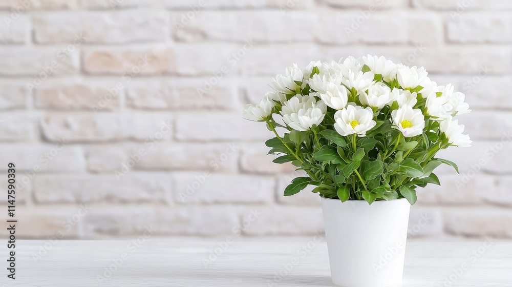 White chrysanthemum flowers in a white pot against a brick wall. White chrysanthemum flowers in a white pot against a brick wall.