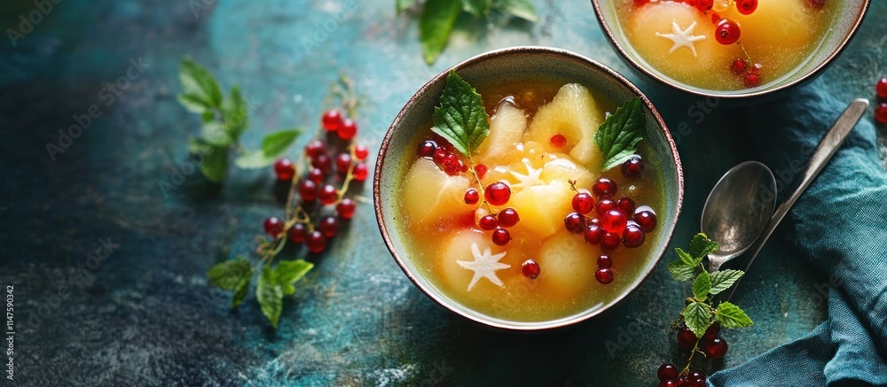 Fruit soup with starfruit, lychee, and red currants, styled for a food magazine photoshoot, bright and glossy Fruit soup with starfruit, lychee, and red currants, styled for a food magazine photoshoot, bright and glossy