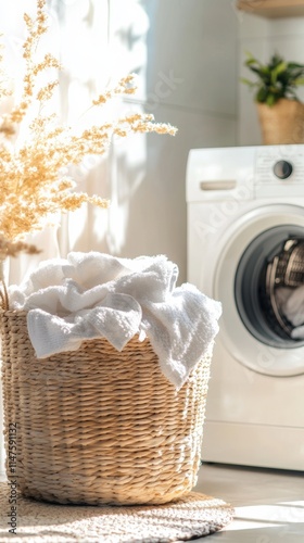 Bright laundry room with basket and washing machine.