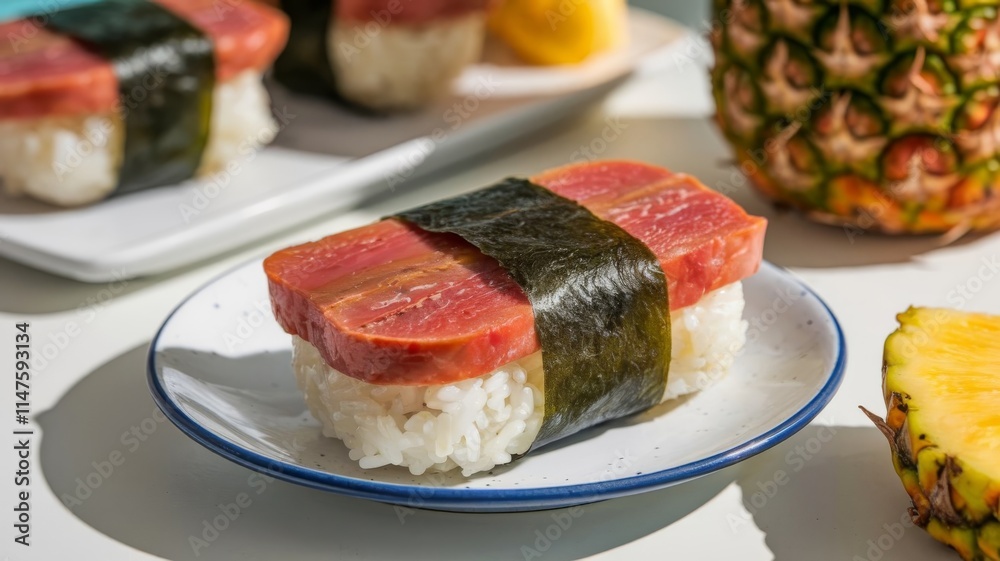 Homemade healthy musubi rice and meat sandwich from Hawaii, a delicious and authentic Hawaiian snack