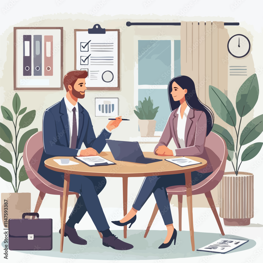 Partners meeting for business discussion with documents and laptop on desk. Couple at round table, speaking, discussing work, partnership. Flat vector illustration isolated on white background Partners meeting for business discussion with documents and laptop on desk. Couple at round table, speaking, discussing work, partnership. Flat vector illustration isolated on white background
