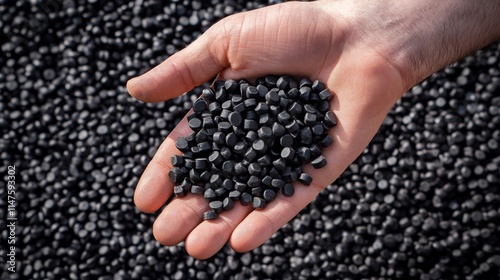 Hand holding small black polymer pellets.
