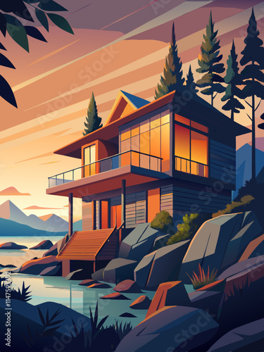 Modern Lakehouse at Sunset with Mountainous Landscape