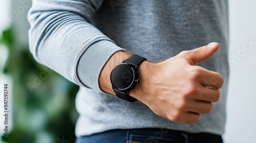 Sleek Black Smartwatch on Stylish Male Wrist in Modern Indoor Setting with Soft Focus Background