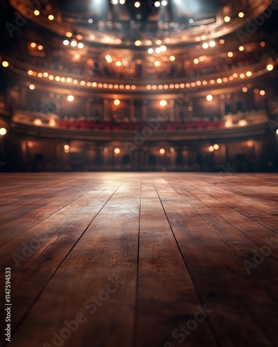 Theater stage with wooden floor and bright lights.