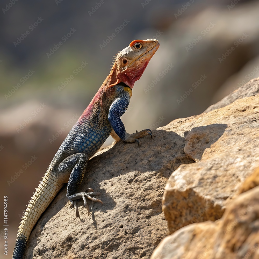 Colorful lizard basking on a rock in natural sunlight Colorful lizard basking on a rock in natural sunlight