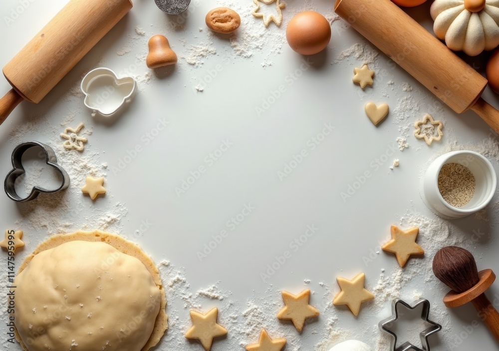 Holiday baking setup with dough, cookie cutters, and festive decorations on a table Holiday baking setup with dough, cookie cutters, and festive decorations on a table
