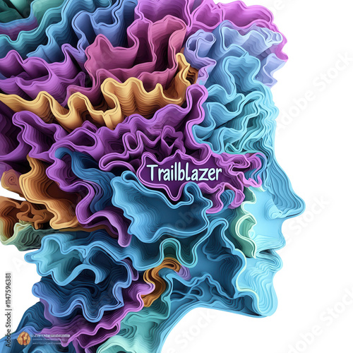 A colorful, abstract depiction of a human head, featuring layered, wavy shapes, symbolizing creativity and individuality, with the word 