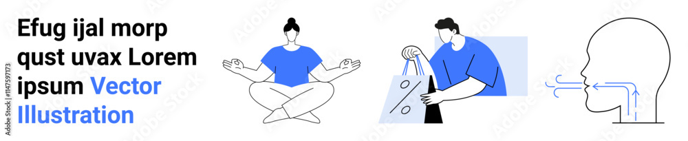 Person meditating, individual carrying shopping bags, diagram showing breathing process. Ideal for wellness, relaxation, consumerism, health education, mindfulness promotion, shopping trends Person meditating, individual carrying shopping bags, diagram showing breathing process. Ideal for wellness, relaxation, consumerism, health education, mindfulness promotion, shopping trends