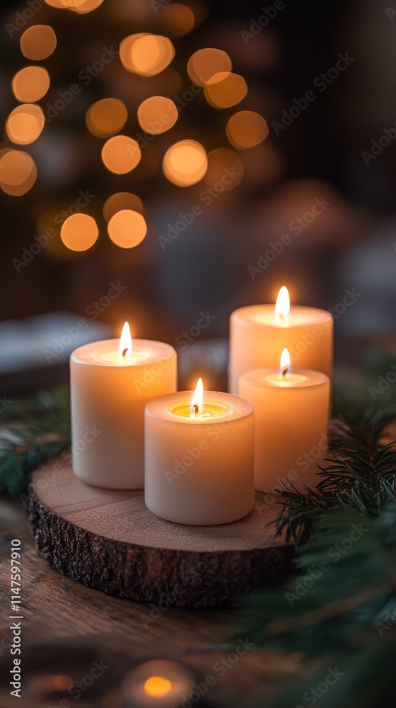 Four Candles on Advent Wreath with Soft Glow Four Candles on Advent Wreath with Soft Glow