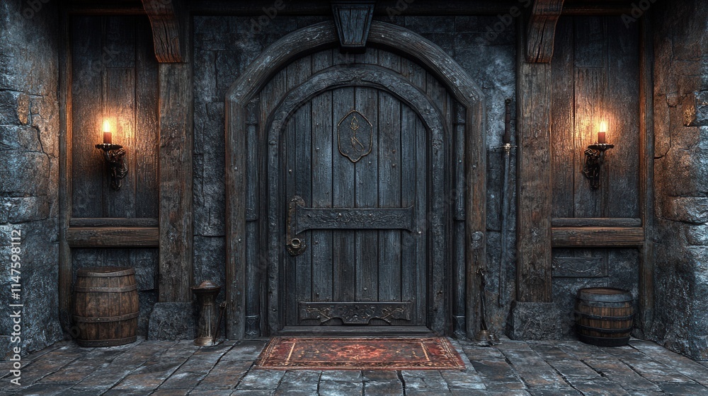 A rustic wooden door with wall sconces, barrels, and a decorative rug, suggesting an entry to a cozy, medieval-style space. A rustic wooden door with wall sconces, barrels, and a decorative rug, suggesting an entry to a cozy, medieval-style space.