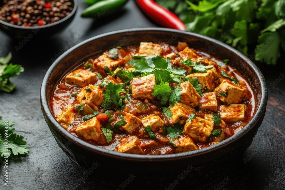 Spicy tofu curry in a dark bowl, garnished with cilantro. Perfect for illustrating Indian food blogs, recipes, or restaurant menus.