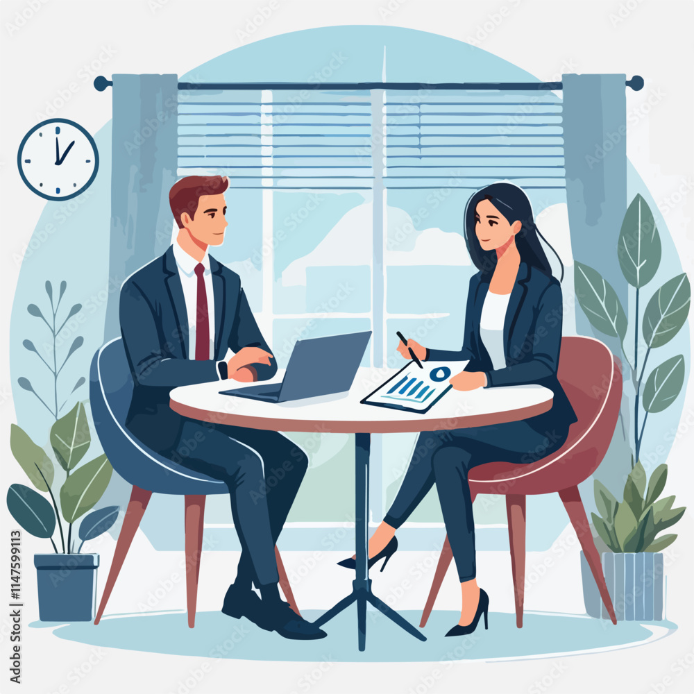 Partners meeting for business discussion with documents and laptop on desk. Couple at round table, speaking, discussing work, partnership. Flat vector illustration isolated on white background Partners meeting for business discussion with documents and laptop on desk. Couple at round table, speaking, discussing work, partnership. Flat vector illustration isolated on white background