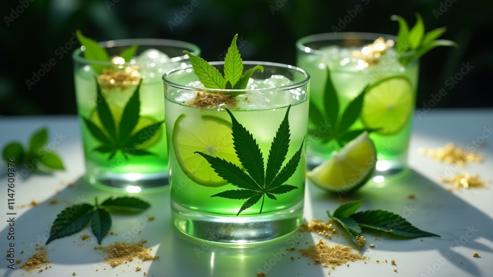 Fototapeta premium Green cannabis-themed cocktails with garnishes like leaves and gold flakes, placed on a marble countertop with mint, lime slices, and elegant glassware under soft light