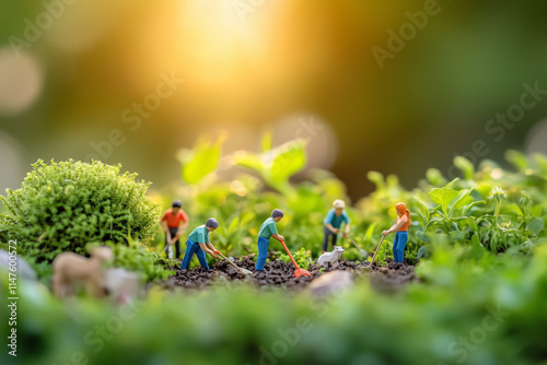 A group of tiny paper people working together to clean the forest floor, surrounded by trees and wildlife, with copy space. Natural light.