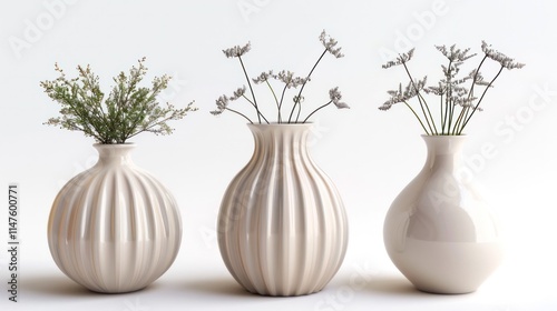 Minimalist Ceramic Vases with Floral Bouquets in Neutral Tones   Elegant and Serene Still Life Decor for Modern Homes and Interiors photo