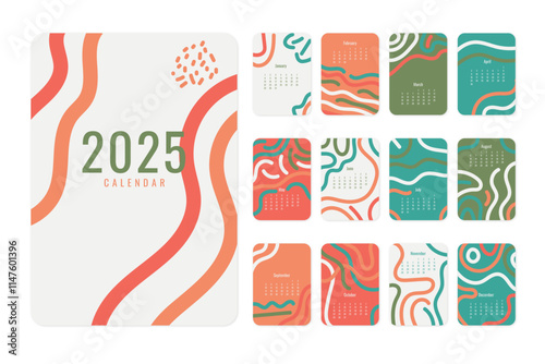 A set of 12 minimalist calendar cards for 2025, each featuring a unique abstract design in earthy tones. Perfect for planners, journals, and home decor.