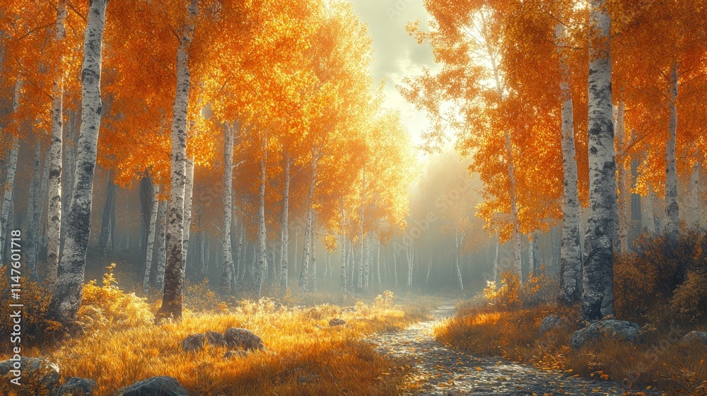 Obraz premium Golden autumn path through misty birch forest.