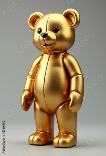 Stunning Gold 3D Teddy Bear Figure: Captivating Ultra-Realistic Photography Isolated on Elegant Grey Gradient Background
