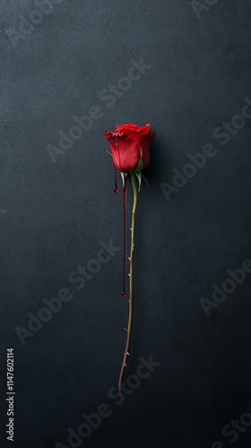 Beautiful red rose with blood-like droplets on a dark textured background.