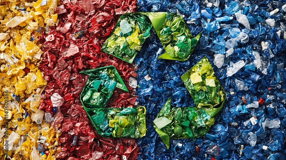 Recycled plastic flakes forming a recycling symbol. Recycled plastic flakes forming a recycling symbol.