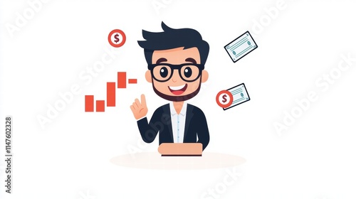 Happy Businessman Explaining Financial Growth with Charts and Money Symbols