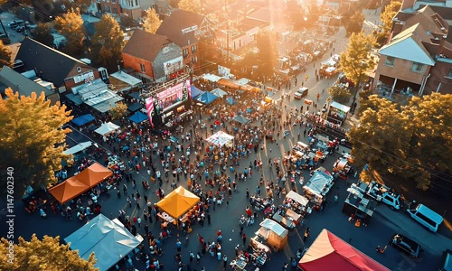 A vibrant outdoor festival scene with crowds, food stalls, and a stage at sunset.
