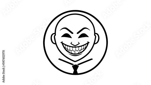 evil businessman vector illustration, evil face with tie in circle smiling spooky vector illustration black and white 