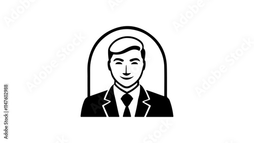 illustration of a smiling person silhouette black and white in suit, symbol of person smiling in black suit 