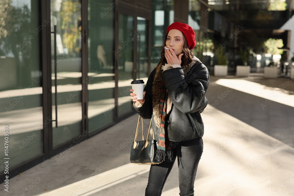 Fototapeta premium A stylish woman in a red beanie and leather jacket sips coffee while strolling through the vibrant city