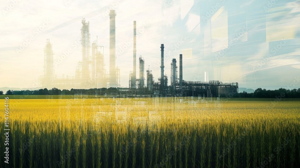 Industrial plant operations amidst lush fields nature and industry combined vibrant landscape aerial view sustainable practices Industrial plant operations amidst lush fields nature and industry combined vibrant landscape aerial view sustainable practices