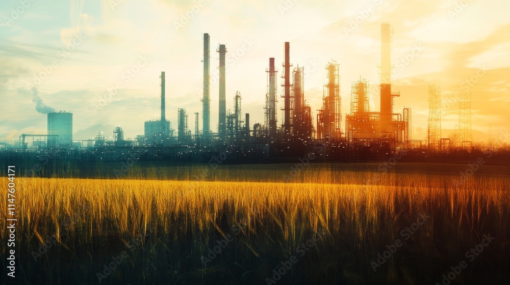 Obraz premium Industrial landscape transformation factory district photography urban environment sunset view nature vs. Industry