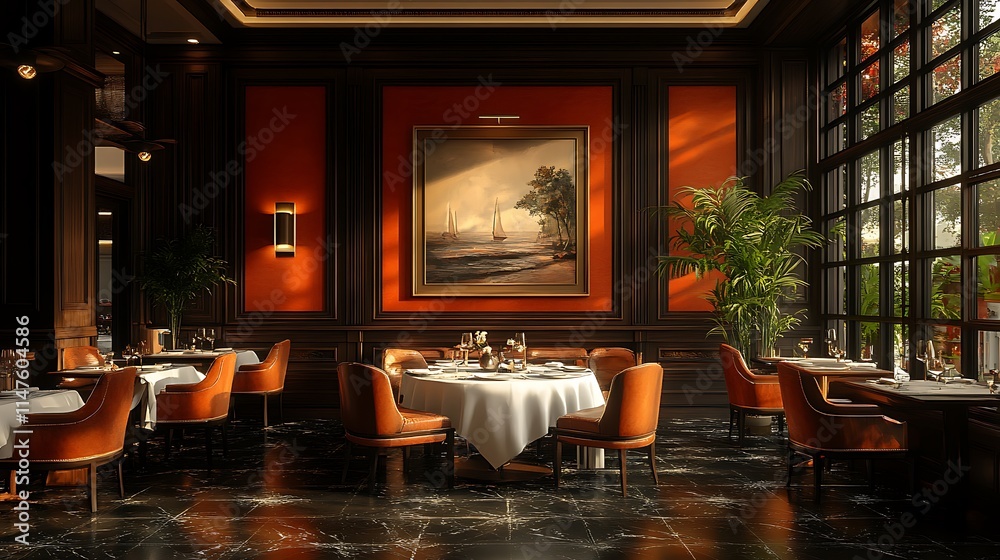 Obraz premium Luxury Restaurant Interior Design. Elegant Dining Room with Dark Wood Accents and Orange Walls.