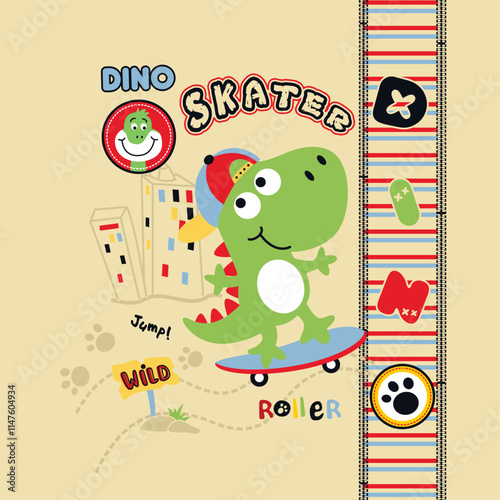 Cute dinosaur skating on a city street with tall buildings and traffic signs in a playful vector design
