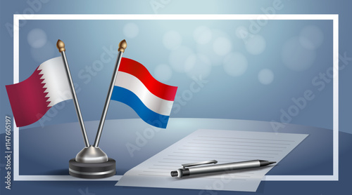 Qatar and Netherlands National flags on small table with bokeh background, cooperative relationship