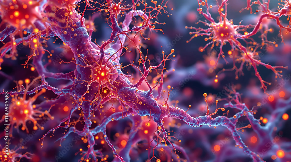 A vibrant, detailed close-up 3D rendering of nerve cells, showcasing complex neural structures and synapses. A vibrant, detailed close-up 3D rendering of nerve cells, showcasing complex neural structures and synapses.