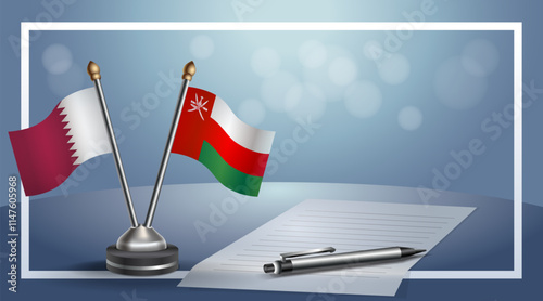 Qatar and Oman National flags on small table with bokeh background, cooperative relationship