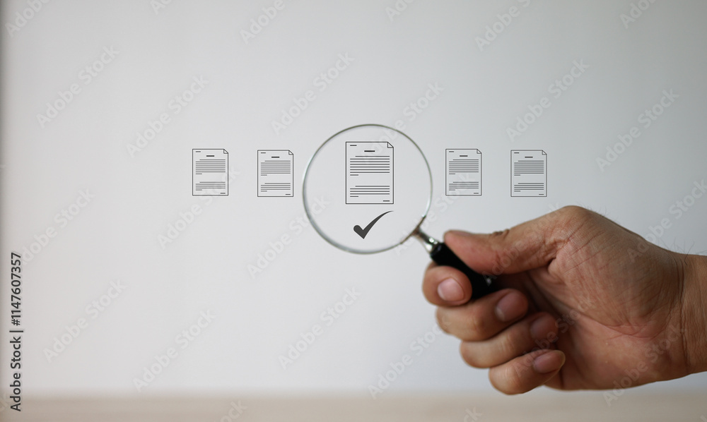Fototapeta premium Document management concept. Virtual screen icons Document Management System DMS Online document database, software for efficient archiving, searching and management of company files and data. 
