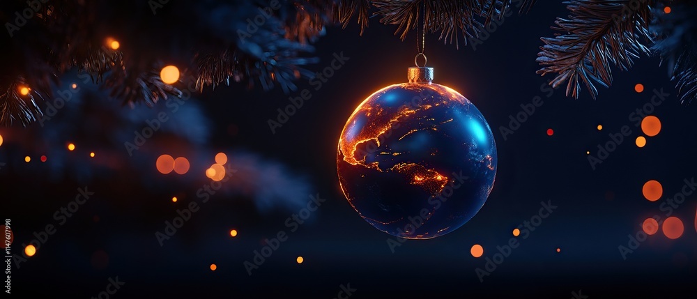 Naklejka premium A glowing blue Christmas ornament hangs against a dark backdrop, surrounded by soft orange lights and pine branches, creating a festive atmosphere.